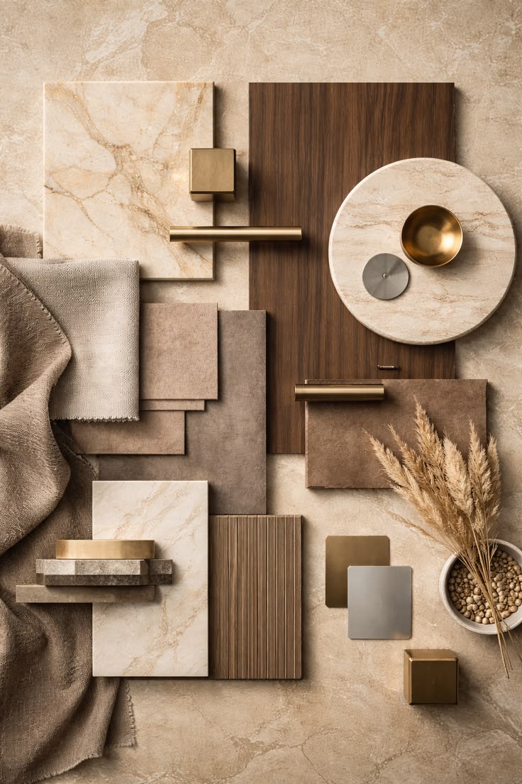 Palettes chaudes et naturelles, matériaux, moodboard, tendances design intérieur 2026